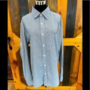 Ditch Plains blue and white striped button down shirt with tan sleeves, size L